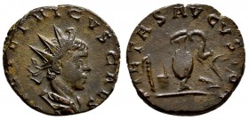 Tetricus II. AD 271-274. AE Antoninianus.( 2.80 g, 16.80 mm)
 C P E TETRICVS CAES, radiate, draped bust right, seen from the back./
 PIETAS AVGVSTOR...