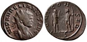 Aurelian. AD 270-275. AE Antoninianus.(4 g, 22.28 mm)
 Siscia,
 IMP AVRELIANVS AVG, radiate and cuirassed bust right / 
 IOVI CONSER, Emperor stand...