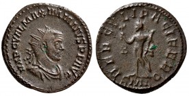 Maximianus. AD 286-305. AE Nummus. (10.90 g, 26.70 mm)
 Treveri.
 MAXIMIANVS NOB CAES, laureate head right. / 
 GENIO POP-VLI ROMANI, Genius standi...