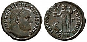 Constantinus I. AD 307/310-337. AE Nummus (2.9 g, 18.87 mm)
 Sirmium.
 CONSTANTINVS AVG, laureate head right / 
 SARMATIA DEVICTA, Victory advancin...