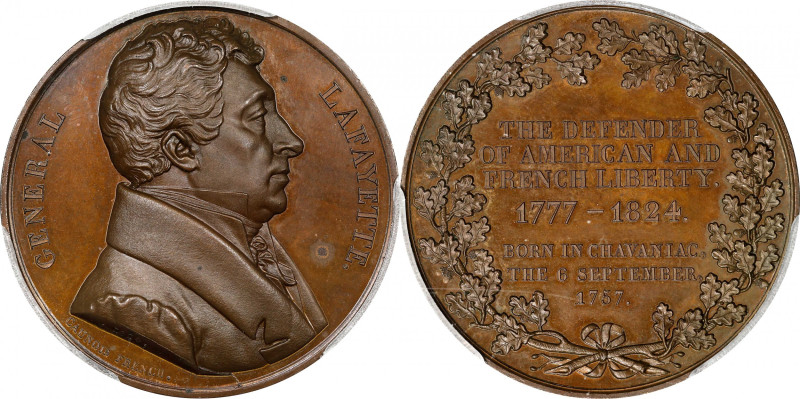 1824 Lafayette Portrait Medal. By Caunois. Fuld LA.1824.5, Olivier-35. Bronze. M...