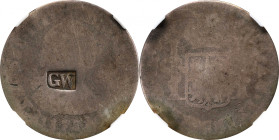 GW Counterstamp on a 178X Spanish Colonial Real. Musante GW-Unlisted, Baker-1036. Silver. Fair-2 (NGC).
21 mm. A possible fantasy counterstamp, as no...