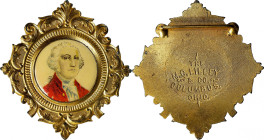 (ca. 1900) George Washington Badge Part. Gilt Brass. Extremely Fine.
52 mm x 57 mm. Obv: Our nation's first president in a red coat at the center, co...