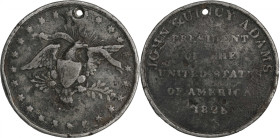 1828 John Quincy Adams Campaign Medal. DeWitt-JQA 1828-2. White Metal. Very Good, Edge Bumps.
39 mm. Slightly irregular planchet. Pierced for suspens...