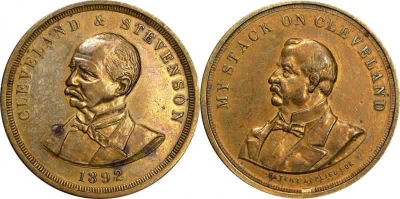 1892 Grover Cleveland and Adlai Stevenson Brass Coin Box. Very Fine.
This appea...
