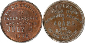 "1776" (1876) Declaration of Independence, Jefferson the Author and Adams the Pillar Token. TC-519506. Copper. Plain Edge. MS-64 BN (PCGS).
19 mm.