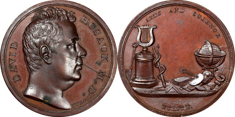 Undated Dr. David Hosack Medal. By Moritz Furst. Julian PE-15. Bronze. Mint Stat...