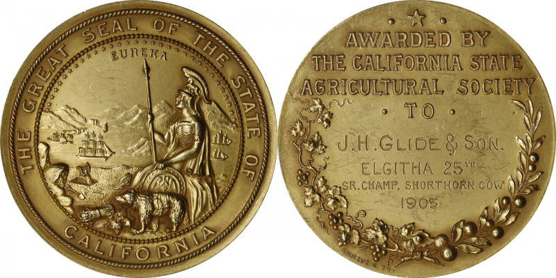 1905 California State Agricultural Society Award Medal. By Shreve & Co. Harkness...