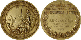 1905 California State Agricultural Society Award Medal. By Shreve & Co. Harkness Ca-24. Gold. Mint State.
45.5 mm. 50.2 grams, fineness unknown. Cent...
