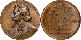 1901 National Academy of Design George Inness Award Medal. By Hartley. Bronze. About Uncirculated.
60 mm. Obv: Bust of the painter left with peripher...