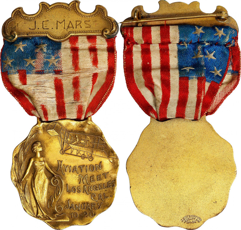 1910 Los Angeles International Air Meet Pilot's Medal. Brass and Fabric. For Not...