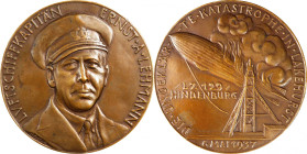 1937 Hindenberg Zeppelin Crash Medal. By Karl Goetz. Bronze, Cast. Extremely Fine.
90.5 mm. Obv: Portrait of the Hindenberg's captain, facing nearly ...