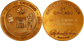 1965 Astronaut Edward H White II Honorary Citizen of Chicago Medal. Gilt Bronze. Mint State.
75 mm. Obv: Seal of Chicago, with inscription CITY OF CH...