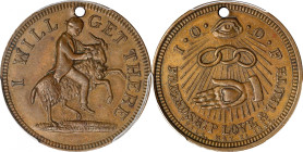 1895 International Independent Order of Odd Fellows Medalet. Copper. AU-55 (PCGS).
25 mm. Pierced for suspension. Obv: Blindfolded man riding ram wit...