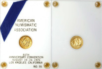 1975 American Numismatic Association 84th Convention Medal. Gold. Mint State.
19 mm. 6.95 grams. Obv: Los Angeles Mission and ANA seal. Rev: A view o...