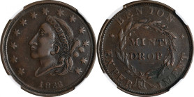 1838 Mint Drop. HT-63, Low-55, DeWitt-CE 1838-14, W-11-430a. Rarity-1. Copper. Plain Edge. AU-50 BN (NGC).
29 mm.