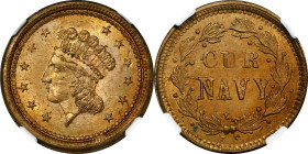 Undated (1863-1865) Indian Princess / OUR NAVY. Fuld-53/336 do. Rarity-7. Copper-Nickel. Plain Edge--Overstruck on an 1863 Indian Cent--MS-64 (NGC).
...