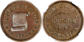 1861 CONSTITUTION / CONCESSION BEFORE SECESSION. Fuld-260/447 a. Rarity-7. Copper. Plain Edge. MS-65 BN (NGC).
19 mm. Satin to semi-reflective surfac...