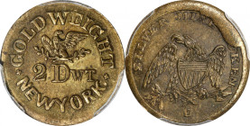 Undated (1861-1865) GOLD WEIGHT 2 DWT NEW YORK / SILVER MINE TOKEN. Fuld-286A/287 b, Fuld-NY-630AG-8b. Rarity-9. Brass. Plain Edge. MS-63 (PCGS).
19 ...