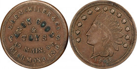 Indiana--Richmond. 1863 G.P. Emswiler & Co. Fuld-800B-1a1. Rarity-9. Copper. Plain Edge. Extremely Fine, Obverse Spots.
19 mm.
Cardboard 2x2 with at...