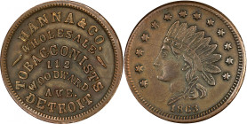 Michigan--Detroit. 1863 Hanna & Co. Fuld-225AJ-1a. Rarity-7. Copper. Reeded Edge. About Uncirculated, Rough, Cleaned.
19 mm.
Cardboard 2x2 with attr...