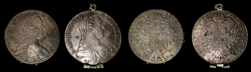 Lot of (2) Items Fashioned out of 1780-dated Austrian Maria Theresa Thalers.
Th...