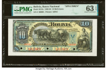 Bolivia Banco Nacional de Bolivia 10 Bolivianos 1.1.1894 Pick S213s Specimen PMG Choice Uncirculated 63 EPQ. Three POCs are present on this example. 
...