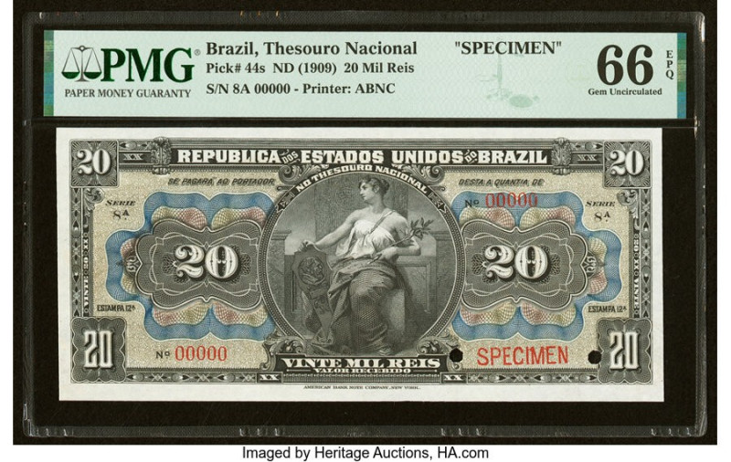 Brazil Thesouro Nacional 20 Mil Reis ND (1909) Pick 44s Specimen PMG Gem Uncircu...