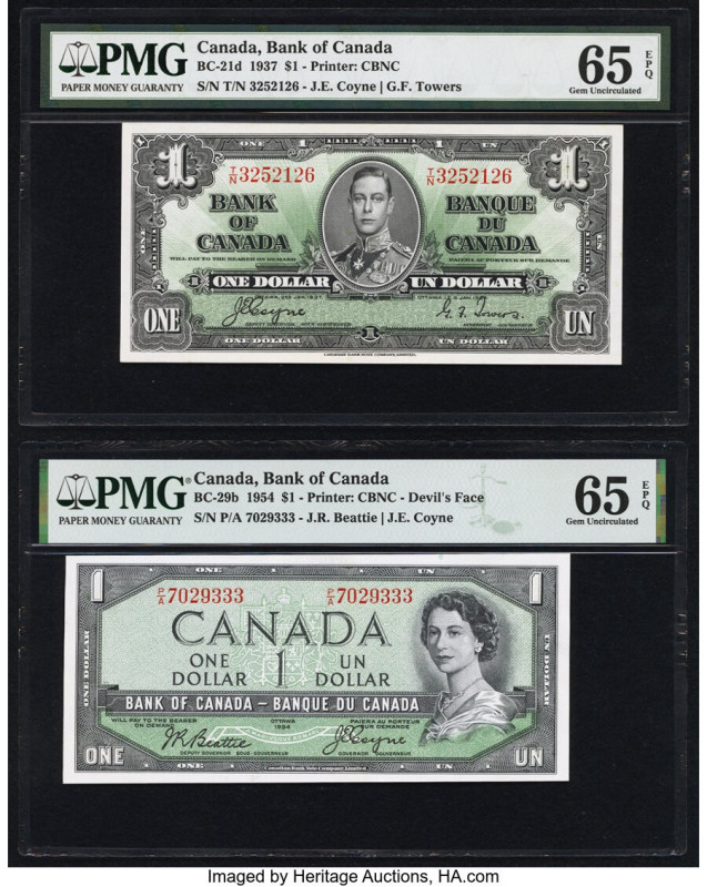 Canada Bank of Canada $1 2.1.1937; 1954 BC-21d; BC-29b Two Examples PMG Gem Unci...