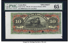 Costa Rica Banco de Costa Rica 10 Colones ND (1901-08) Pick S174s Specimen PMG Gem Uncirculated 65 EPQ. Two POCs and body of the note is unaffected by...