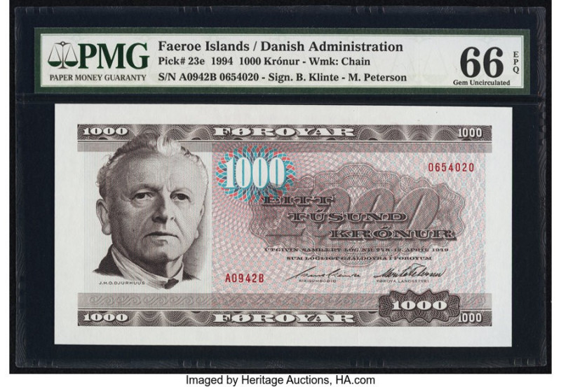 Faeroe Islands Foroyar 1000 Kronur 1994 Pick 23e PMG Gem Uncirculated 66 EPQ. 

...