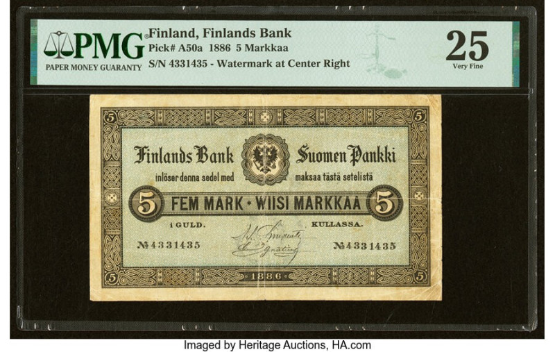 Finland Finlands Bank 5 Markkaa 1886 Pick A50a PMG Very Fine 25. 

HID0980124201...