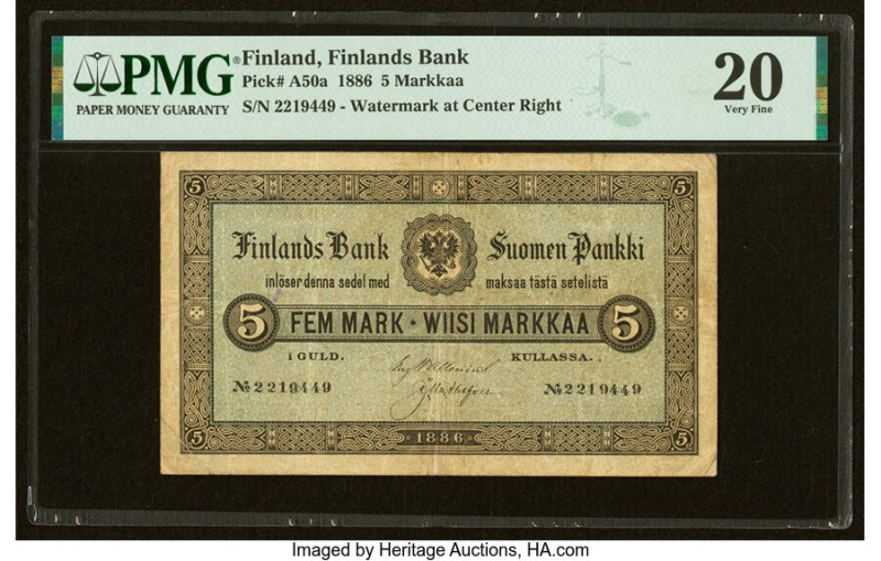 Finland Finlands Bank 5 Markkaa 1886 Pick A50a PMG Very Fine 20. 

HID0980124201...