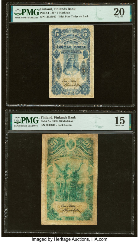 Finland Finlands Bank 5; 20 Markkaa 1897; 1898 Pick 2; 5a Two Examples PMG Very ...