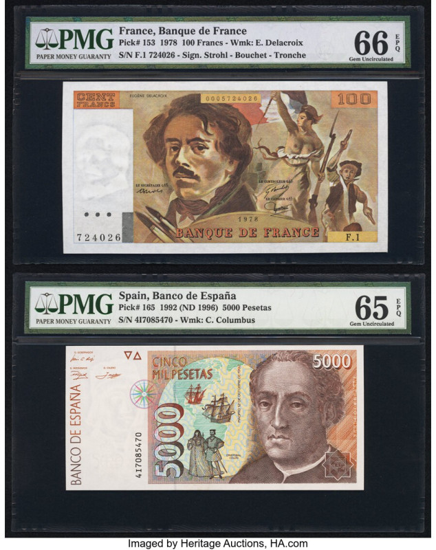 France Banque de France 100 Francs 1978 Pick 153 PMG Gem Uncirculated 66 EPQ; Sp...