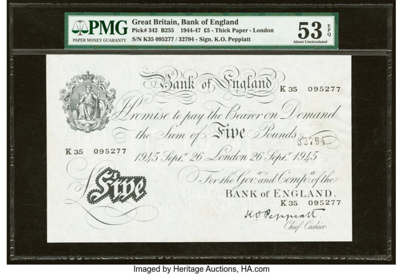Great Britain Bank of England 5 Pounds 26.9.1945 Pick 342 PMG About Uncirculated...