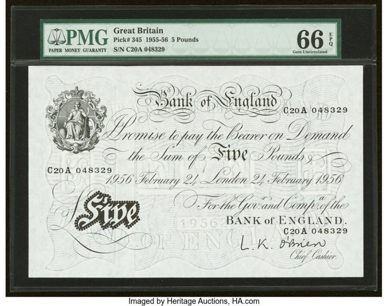 Great Britain Bank of England 5 Pounds 24.2.1956 Pick 345 PMG Gem Uncirculated 6...