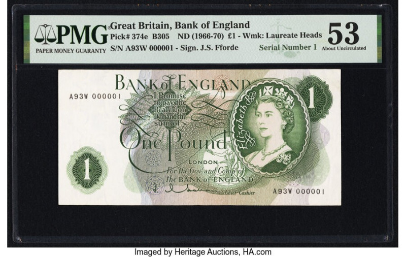 Serial Number 1 Great Britain Bank of England 1 Pound ND (1966-70) Pick 374e PMG...