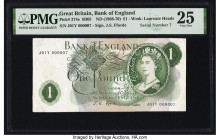 Serial Number 7 Great Britain Bank of England 1 Pound ND (1966-70) Pick 374e PMG Very Fine 25. Previous mounting is noted on this example. 

HID098012...
