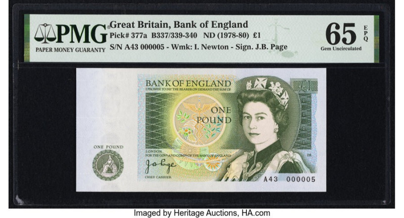 Serial Number 5 Great Britain Bank of England 1 Pound ND (1978-80) Pick 377a PMG...