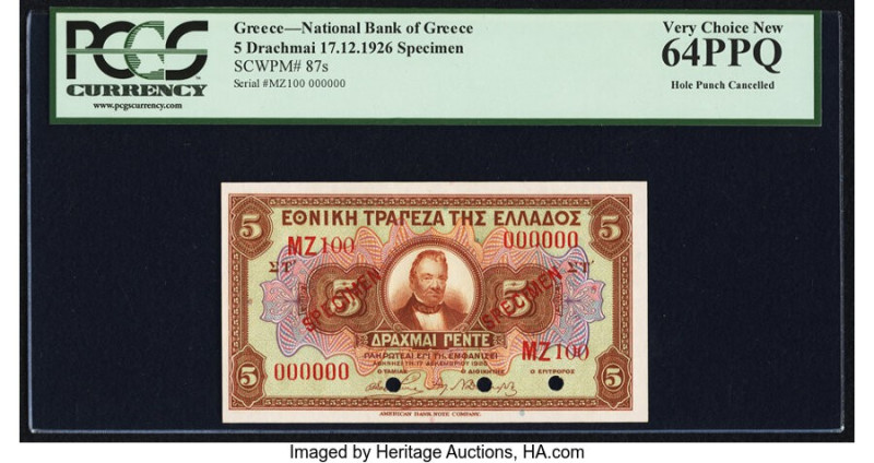 Greece National Bank of Greece 5 Drachmai 17.12.1926 Pick 87s Specimen PCGS Very...
