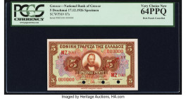 Greece National Bank of Greece 5 Drachmai 17.12.1926 Pick 87s Specimen PCGS Very Choice New 64PPQ. Three POCs are noted on this example. 

HID09801242...