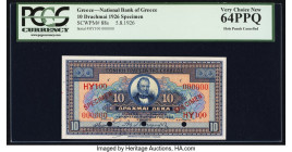 Greece National Bank of Greece 10 Drachmai 5.8.1926 Pick 88s Specimen PCGS Very Choice New 64PPQ. Three POCs are noted on this example. 

HID098012420...