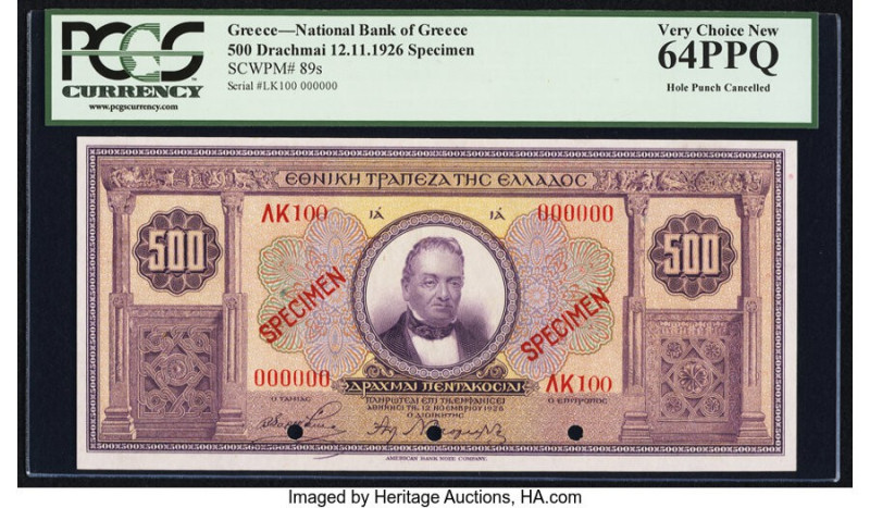 Greece National Bank of Greece 500 Drachmai 12.11.1926 Pick 89s Specimen PCGS Ve...