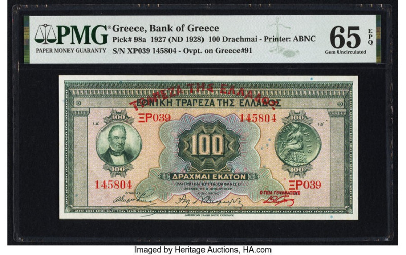 Greece Bank of Greece 100 Drachmai 1927 (ND 1928) Pick 98a PMG Gem Uncirculated ...