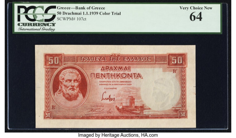 Greece Bank of Greece 50 Drachmai 1.1.1939 Pick 107ct Color Trial PCGS Very Choi...