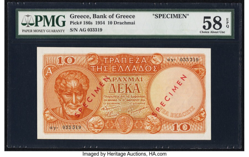 Greece Bank of Greece 10 Drachmai 1954 Pick 186s Specimen PMG Choice About Unc 5...