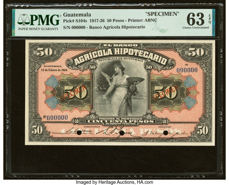 Guatemala Banco Agricola Hipotecario 50 Pesos 11.2.1924 Pick S104s Specimen PMG ...