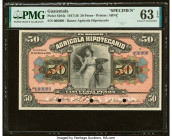 Guatemala Banco Agricola Hipotecario 50 Pesos 11.2.1924 Pick S104s Specimen PMG Choice Uncirculated 63 EPQ. Three POCs are noted on this example. 

HI...