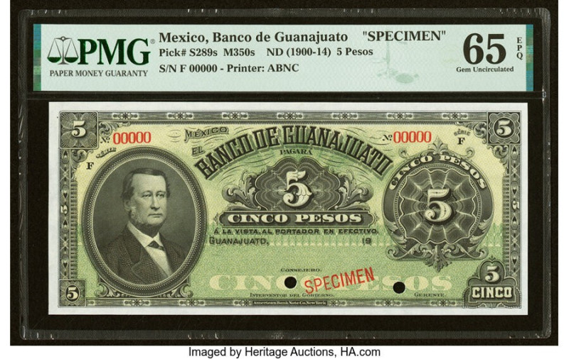 Mexico Banco de Guanajuato 5 Pesos ND (1900-14) Pick S289s M350s Specimen PMG Ge...